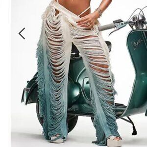 CHACHA Exaggerated Fray Detail Wide Leg Trouser in Cream Blue Ombre Size XS